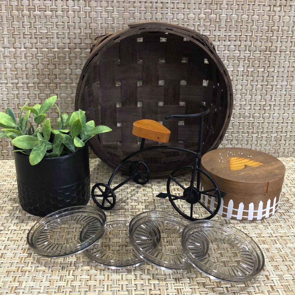 Bundle-Coasters, Metal Tricycle, Basket, Ceramic Bee Hive Jar, Lidded Bee Box